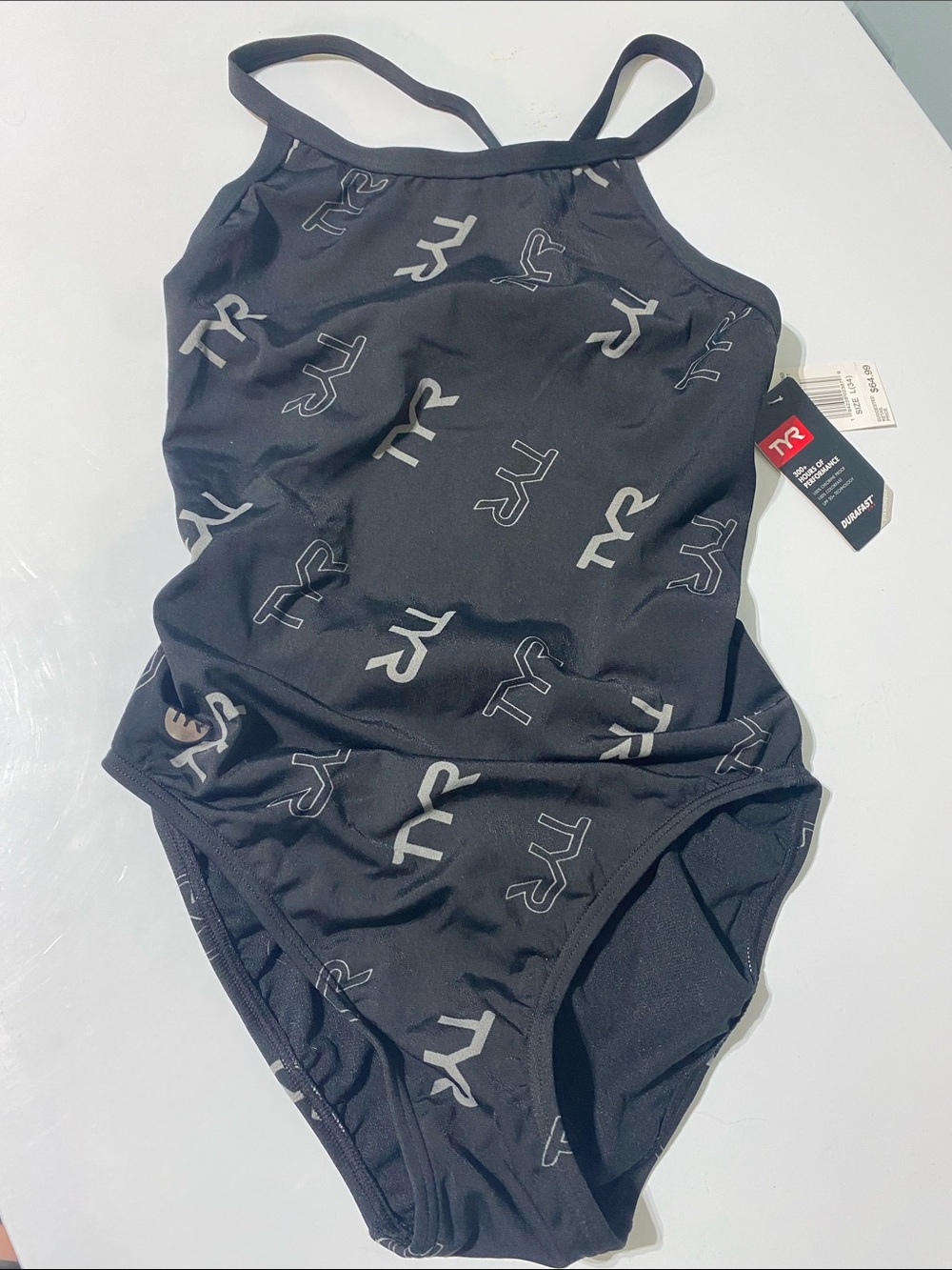 NEW TYR Black All Over‎ Logo One-Piece Swimsuit Women's Size L 34